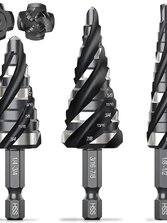 Other - Four Spiral Flute Step Drill Bit Set, 3 Pcs HSS Step Drill Bits 1/8"-7/8" Unibit